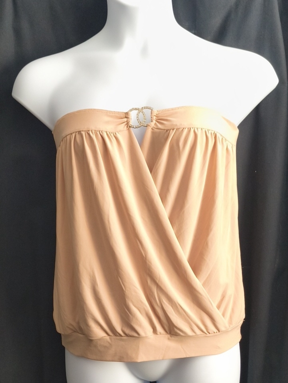MKM Designs Strapless Faux-Wrap Camisole in Tan with Rhinestone Ring #0077